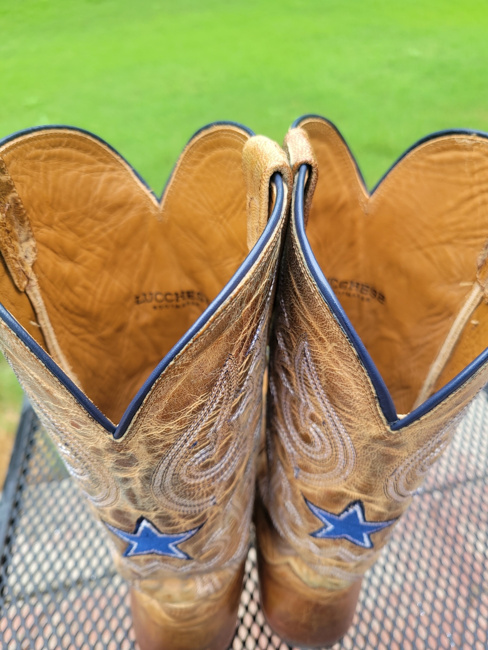 Lucchese Tan Mad Dog Goat Leather Dallas Cowboy Edition Cowboy Boots - Picture 2 of 6